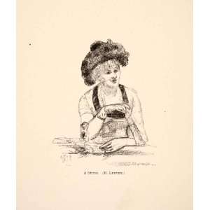  1883 Print Study Portrait Woman Hat Gloves Dress Table Fan 