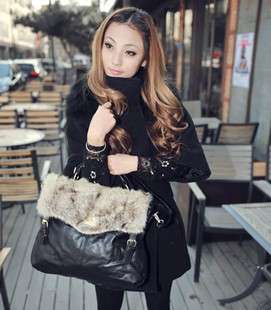 Classic Design Lapin & PU Leather Black / Brown / Khaki Hand Bag 