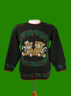 Vtg 80s UGLY CHRISTMAS BEAR CANDY CANE SWEATER WOMENS M  