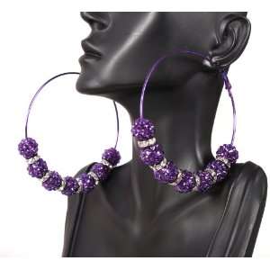 Basketball Wives Purple Shamballah 3 Inch Hoop Earrings with 7 Disco 