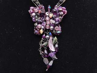 Purple Glass Stone Beaded Crystal Rhinestone Butterfly Dangle Pendant 