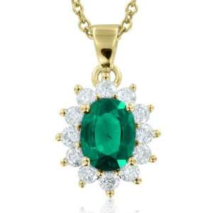  Natural Emerald and Diamond Necklace in 14k Yellow Gold (G 