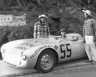 Hans Herrmann and two Tuxtla natives pose with the Porsche 550 before 