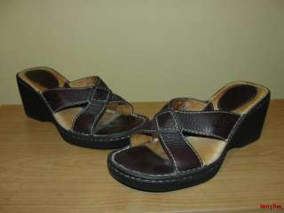 BFS02~BORN Brown Leather X strap Wedge Slide Sandals Size 6  