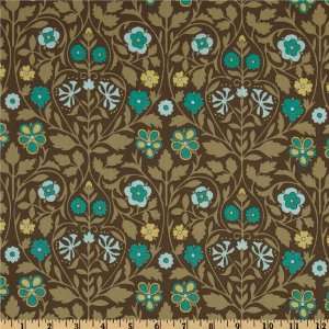  56 Wide Cotton Lawn Floral Brown/Teal/Yellow Fabric By 