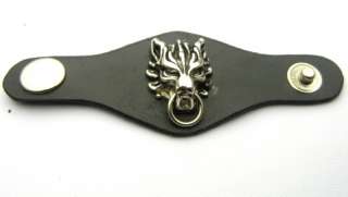 TER104 Silvertone Angry Wolf Black leather Ring Size 10 Punk Biker 