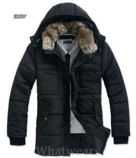 New Mens Fur Collar Hooded Winter Coat Jacket Black A38  