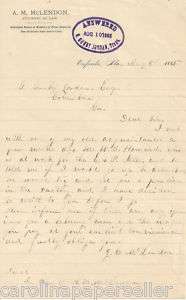 1885 A.M. McLendon, Eufaula, Alabama Attorney Letter  