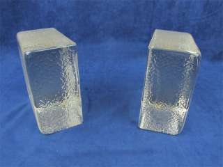 Mid Century Etched Heavy Glass Block Bookends With Fish  