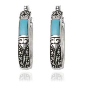 Sterling Silver Marcasite Lab Created Turquoise Oval Hoop Earrings (0 