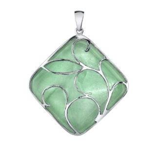 18 Designer Green Jade Pendant with Sterling Silver Leaf Scroll 