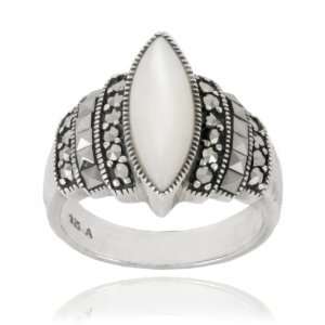  Sterling Silver Marcasite and Mother of Pearl Marquis Ring 