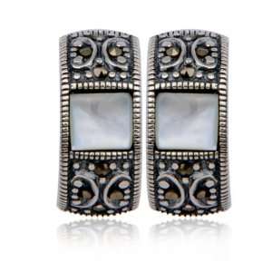    Marcasite and White Mother of Pearl J Hoop Earrings Jewelry