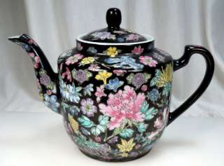 Vintage Chinese Famille Noir Black Enameled Floral Teapot  