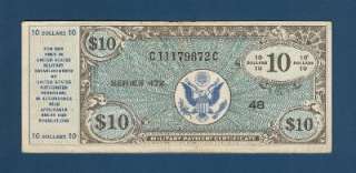 US CURRENCY MILITARY PAY CERT 472 $10 Paper Money VF+  