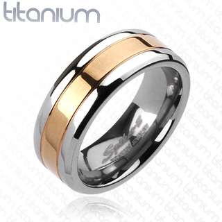 Solid titanium mens ring with Rose Gold IP Center wedding band  