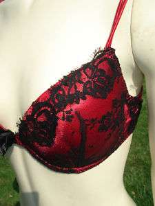 34 Red And Black Floral Plunge Lace Emroidered Bra 36D  