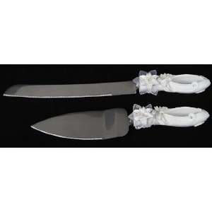   Knife and Server Set with White Glittered Tiger Lily