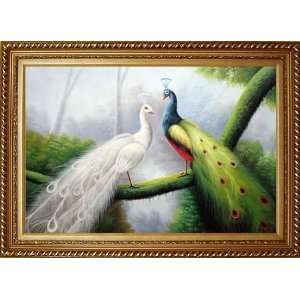  White and Blue Peacocks on Old Tree Oil Painting, with 