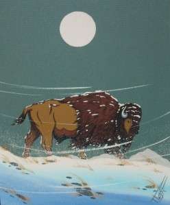  AMERICAN INDIAN ART OIL PAINTING BUFFALO BISON WINTER SNOW STORM