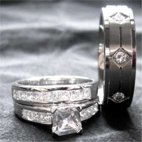 pc Engagement Wedding Titamium and Sterling Silver Ring Se t