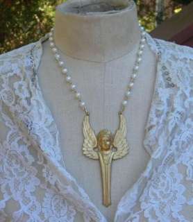   Art Nouveau Winged Wings Angel Necklace Faux Pearl Artisan Brass Woman
