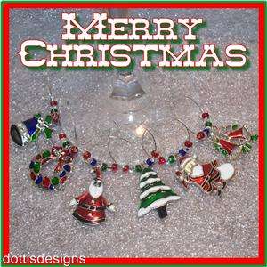 CHRISTMAS THEMED ENAMEL WINE GLASS CHARMS   SET OF 6 #3  