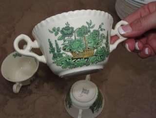 ANTIQUE ENGLISH SPODE CHINA GREEN BASKET TWO HANDLE CUP  