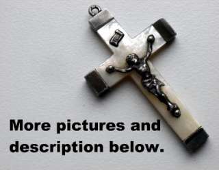 VINTAGE MOTHER OF PEARL AND SILVER CROSS PENDANT, CRUCIFIX  