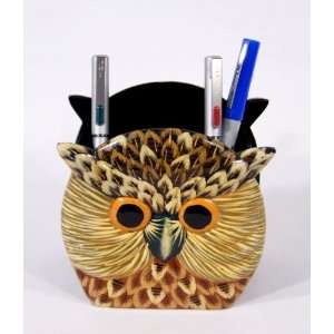 Handpainted Owl Pen Holder Container Grey Color, 5