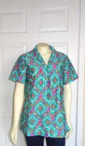 70s MLM Button Down Shirt Blue Green Pink Floral Paisley Too Cute 