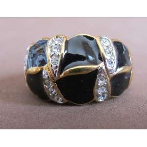 LADIES Fashion RING SIZE 6 Gold Plated BAND w Crystal Stones & Black 