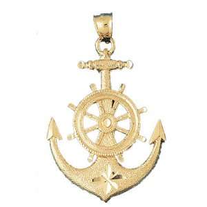  CleverEves 14K Gold Pendant Anchor with Ships Wheel 8.5 