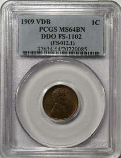 1909 VDB DDO FS 1102 Lincoln Cent PCGS MS64BN Great Color Doubled Die 