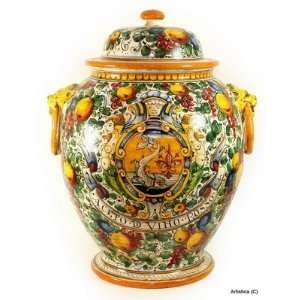  MAJOLICA DELFINO Orcetto urn with side rings and lion 