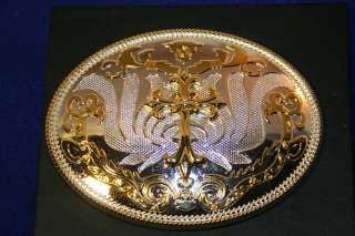 Western Cowboy Belt Buckle Cross Silver and Gold Tone  