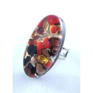   Orange Black Gold Oval Venetian Murano Glass Adjustable Ring Jewelry
