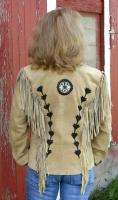 Womens Western Cowgirl Camel Suede Leather Fringe Show Jacket size M 