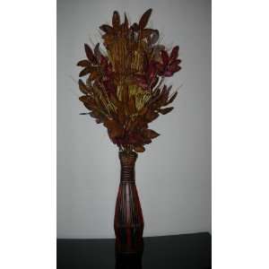  Silk Grass & Velvety Leaves Arranged in Tall Wicker Vase 