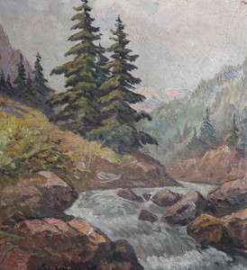 Vintage Bulgarian oil painting mountain landscape waterfall river 