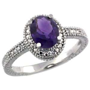 Sterling Silver Vintage Style Oval Amethyst Stone Ring w/ 0.04 Carat 