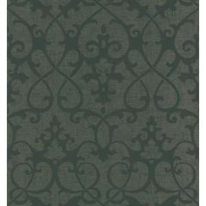 Brewster 428 6589 Ink Black White Neutral Bacall Iron Damask Wallpaper 