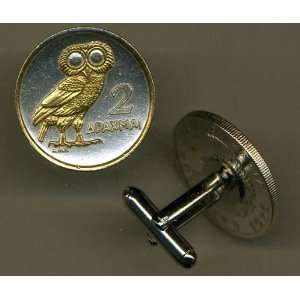   Silver World Coin Cufflinks   Greek 2 Drachma Owl 