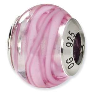  925 Sterling Silver Pink White Stripe Murano Glass Bead 