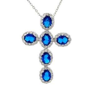 The Joy of Thy Lord   Cross Pendant with Clusters of Sapphire Blue CZs 