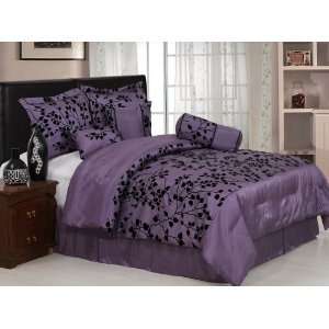 Collection 7 Pieces Purple with Black Velvet Floral Flocking Comforter 