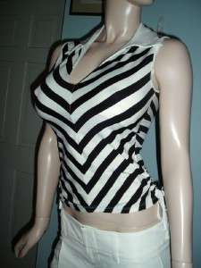 Sexy Fitted Ruched Side Striped Blk White Slvless Top M  