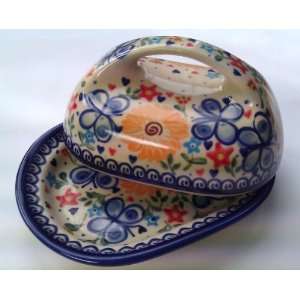 Polish Boleslawiec Pottery Hand Made Ceramic Butter Dish with Lid 