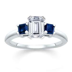  1.51 CT EMERALD DIAMOND W PRINCESS BLUE SAPPHIRE RING 18K 
