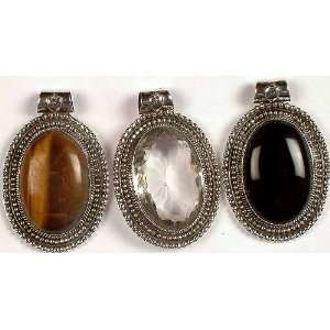 Lot of Three Oval Gemstone Pendants(Tiger Eye, Faceted Crystal & Black 